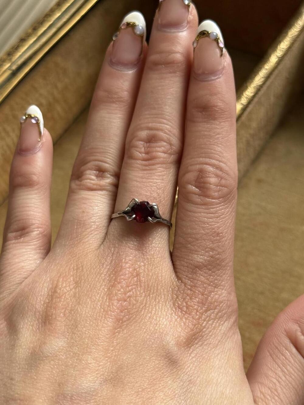 Vintage Art Decor style Red glass rhinestone Sterling Ring